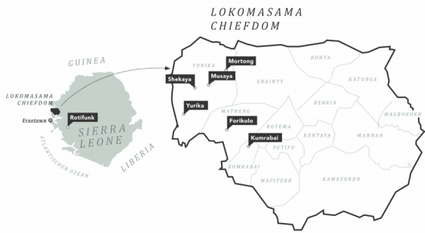 Die Karte zeigt die Standorte unserer Schulen in der Region Lokomassamma, Sierra Leone.