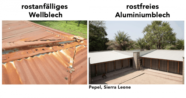 Vergleich eines alten, durchrosteten Dachs in Sierra Leone mit dem neuen Dach unserer Schule in Pepel.