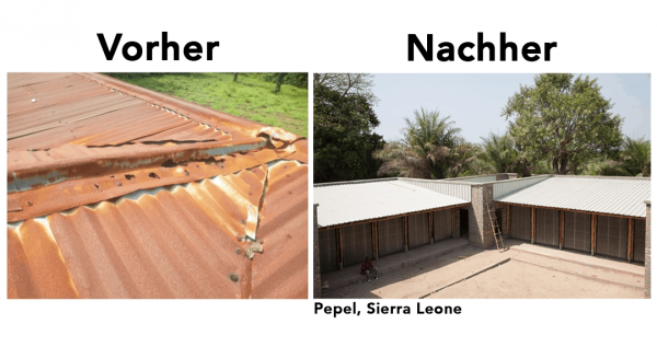 Vergleich eines alten, durchrosteten Dachs in Sierra Leone mit dem neuen Dach unserer Schule in Pepel.